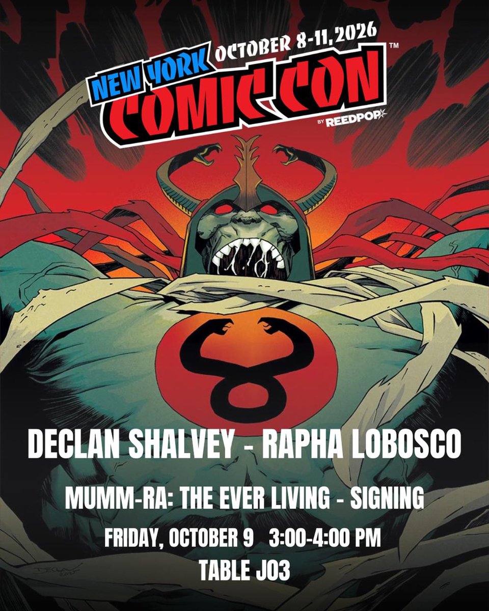 declanshalvey's tweet photo. NYCC is almost upon us!

I’ll be at Table J03 all 4 days signing &amp; sketching unless I’m off getting something to eat or looking for the toilet. Or in some cases: both!

11-2 signing and 3-5 signing every day

Special MUMM-RA signing with Artist @raphalobosco Lobosco 3-4PM Friday https://t.co/ygQWl9ND0n