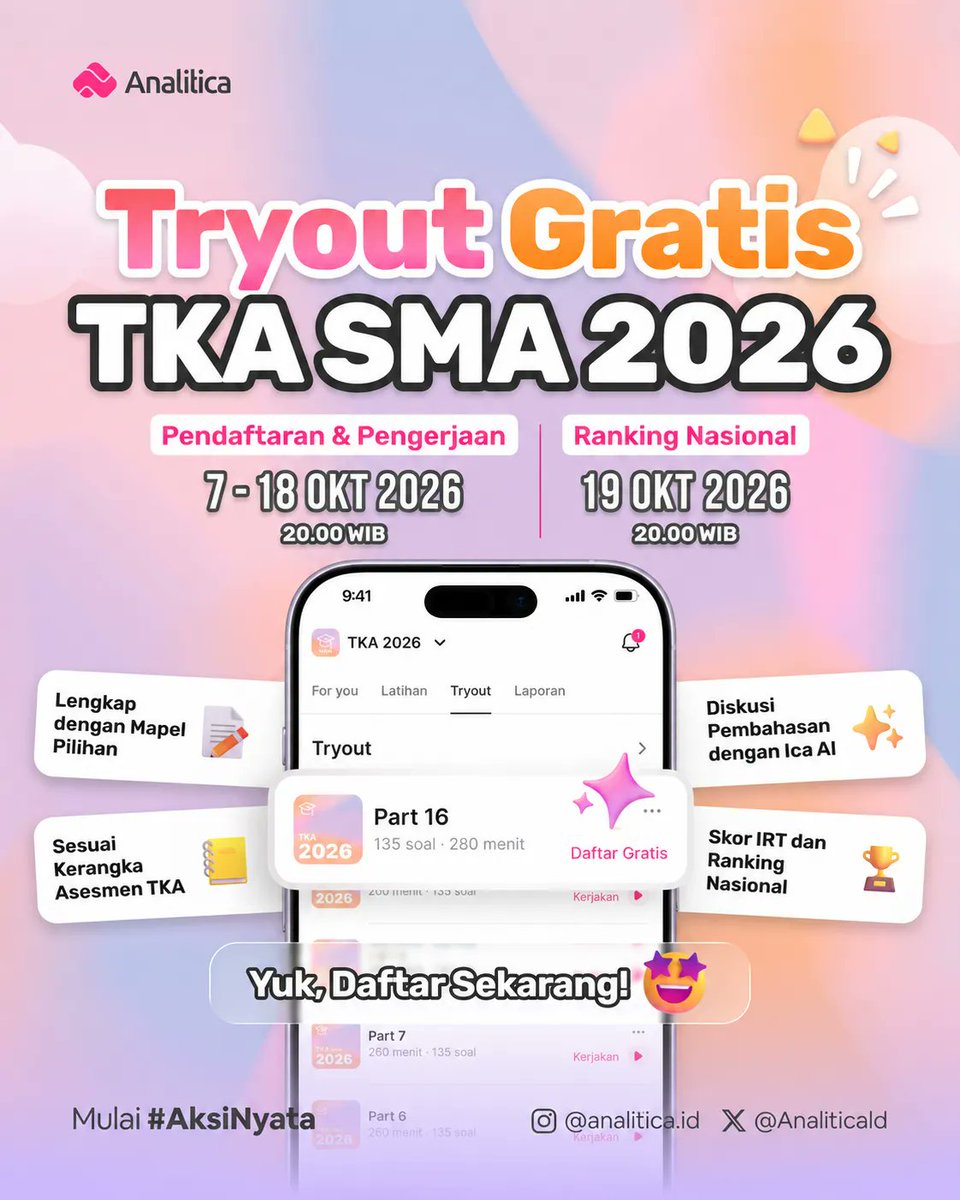 AnaliticaId's tweet photo. [TRYOUT GRATIS TKA SMA 2026 PART 16]

Tryout ini sudah disesuaikan dengan kisi-kisi pusmendik terbaru dan tersedia untuk semua mapel pilihan loh 🤩

Yuk langsung daftar sekarang! https://t.co/XbVFNXAKpL