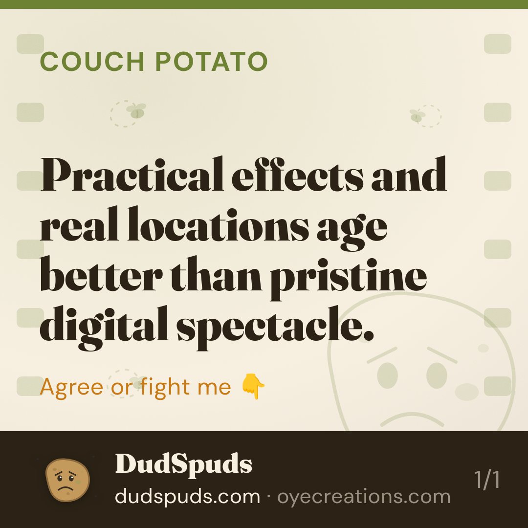 dudspudbud's tweet photo. A movie made on a shoestring with real locations and practical rigs will outlive a pristine digital spectacle every single time. Age is just permission to love it more.

#practicaleffects #filmmaking #filmtwitter #behindthescenes #dudspuds https://t.co/37mnhe96g2