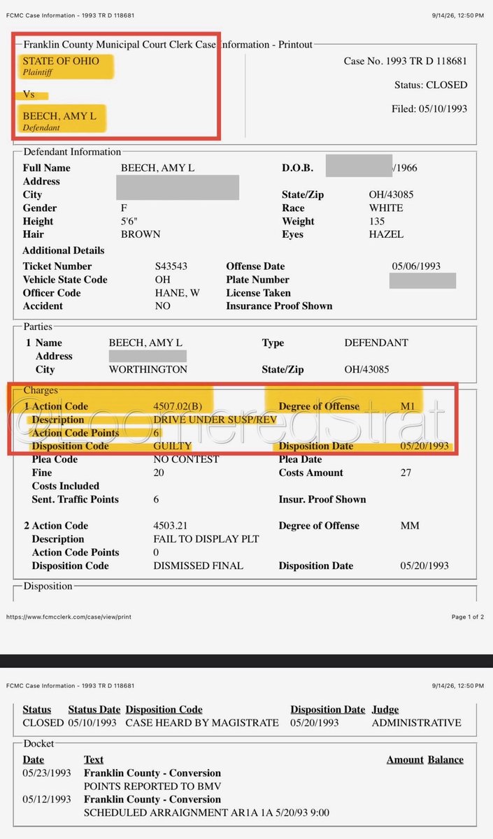 LauraLoomer's tweet photo. NEW:

🚨 Amy Acton is lying again! Her drivers’ license wasn’t expired, it was suspended on a misdemeanor 🚨 

@amyactonoh has responded to Loomered Strategies’ exclusive reporting. 

The Democrat candidate for Ohio Governor said her 1993 suspended license case was actually just a forgotten and expired license while she was “too busy” working. 

Franklin County case 1993 TR D 118681 charged R.C. 4507.02(B): is for driving under a Chapter 4509 FRA suspension, not the expired-license offense (then 4507.02(A)(1)).

Her March 23, 1994 medical-board resume for that period lists unpaid maternity leave, then June 1993–present home-based part-time research at about 10 hours a week with no salary. That is not a schedule that explains how she was supposedly “too busy to renew,” and it still does not turn an FRA suspension into an expired license.

The document clearly says her license was suspended, as @LoomeredStrat exclusively exposed.