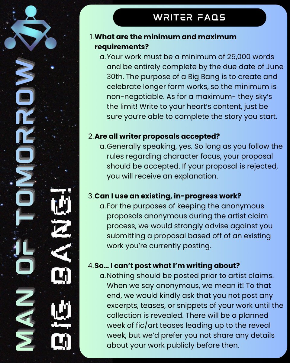 MoTBigBang's tweet photo. Wanting to write for this event, but not sure what’s allowed, or how it works? Here are some FAQs for our prospective writers.💥 https://t.co/0ek90ILOUj