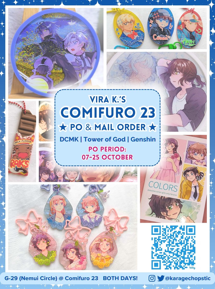 karagechopstic's tweet photo. [1/2]
🎀#CF23 PO &amp; Giveaway!🎀

📅7 - 25 Oktober 21:00 WIB
📍G-29 both days @Nemui_Circle / Mail Order
⭐️Detective Conan (DCMK), Tower of God (ToG / khunbam), Genshin (faelight &amp; neflau) 

🔗Link &amp; GA info on next reply!

#comifuro23 #comifuro23catalog https://t.co/KiJLscQJfR