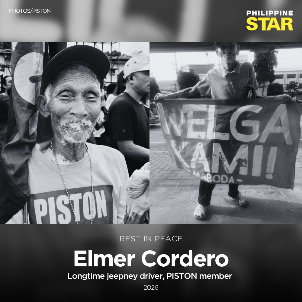 PhilippineStar's tweet photo. REST IN PEACE, TATAY ELMER 🕊️

Longtime jeepney driver Elmer Cordero, more commonly known as Tatay Elmer, has passed away, his family confirmed in a Facebook post.

Cordero was earlier hospitalized during the first day of strike of transport group PISTON.

In 2021, Tatay Elmer was arrested for protesting during the pandemic amid the challenges faced by jeepney drivers amid the lockdown restrictions. | via @josiahvantonio