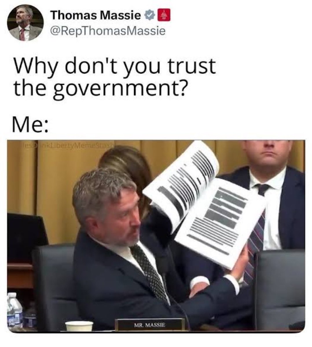 RepThomasMassie's tweet photo. I showed @FBIDirectorKash the search warrant they served on @JamesOKeefeIII, dozens of pages fully redacted. James was never charged. DOJ/FBI still hasn’t unredacted it.

The Trump administration won’t prosecute those who weaponized the system, but can’t we at least expose them? https://t.co/rYeLmfAg5Y