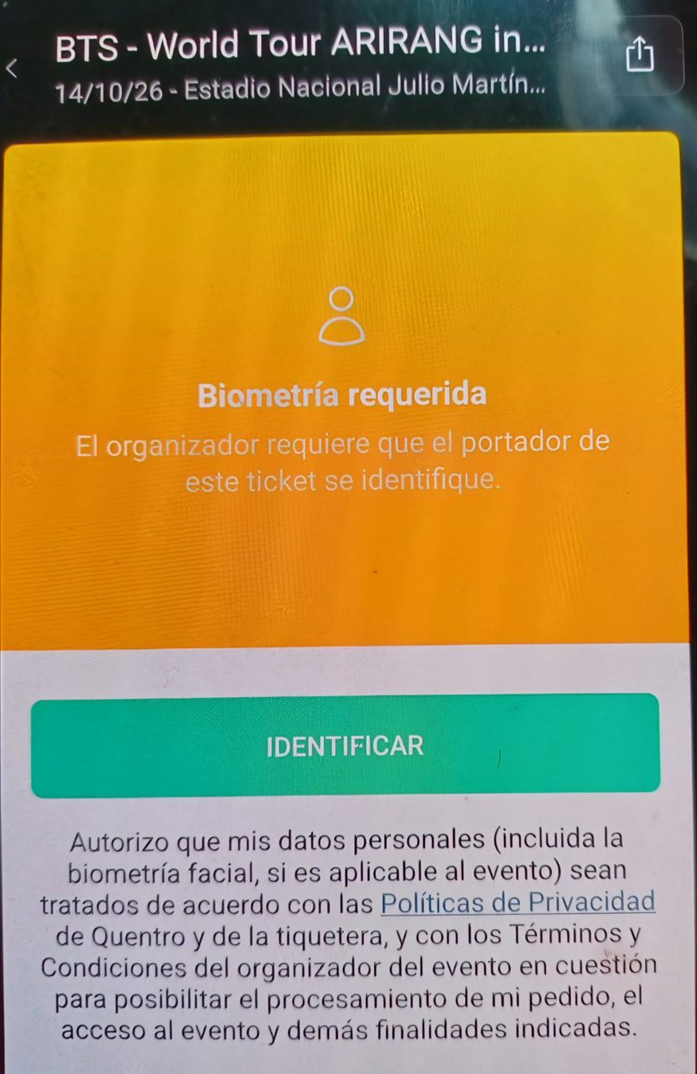 BTSDailyChile's tweet photo. 🇨🇱 ARMY CHILE: REVISEN SUS ENTRADAS

La aplicación de Quentro está solicitando activar la biometría facial. 

Si les aparece, deberán presionar “IDENTIFICAR” y completar el proceso  solicitado para el acceso a los conciertos.

Les recomendamos revisar sus entradas con anticipación y no dejar esta verificación para el último día.

#BTSENCHILE
@BTS_twt #ARIASBTS