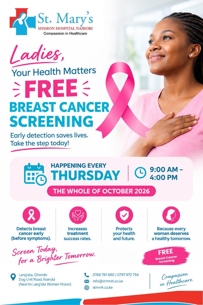 StMarysMH's tweet photo. 🎀 FREE BREAST CANCER SCREENING REMINDER 🎀

Ladies, don’t forget! Free breast cancer screening every Thursday throughout October 2026, from 9:00 AM–4:00 PM.

📍 St. Mary’s Mission Hospital Nairobi,
Purely breast cancer screening To all ladies willing to get Screened. https://t.co/tb8a8Q15h4