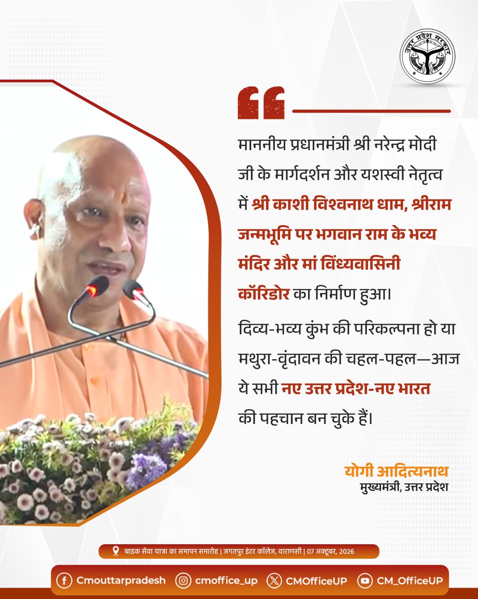CMOfficeUP's tweet photo. माननीय प्रधानमंत्री श्री @narendramodi जी के मार्गदर्शन और यशस्वी नेतृत्व में श्री काशी विश्वनाथ धाम, श्रीराम जन्मभूमि पर भगवान राम के भव्य मंदिर और मां विंध्यवासिनी कॉरिडोर का निर्माण हुआ। दिव्य-भव्य कुंभ की परिकल्पना हो या मथुरा-वृंदावन की चहल-पहल—आज ये सभी 'नए उत्तर प्रदेश-नए भारत' की पहचान बन चुके हैं।

-मुख्यमंत्री @myogiadityanath जी