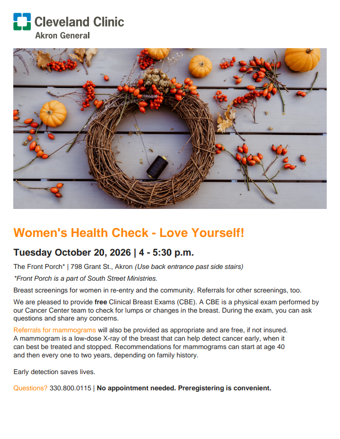 SummitExecutive's tweet photo. Cleveland Clinic Akron General is offering a FREE women's health check on Tuesday, October 20 from 4:00p.m. - 5:30p.m. at The Front Porch (798 Grant Street, Akron).

Their Cancer Team will provide clinical breast exams and referrals for mammograms as appropriate. https://t.co/jlqfNqf2HU