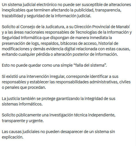 EcEnDirecto's tweet photo. #ATENCIÓN 
El abogado @Velazquez_tavo denunció que determinadas causas judiciales que antes podían ser consultadas de manera pública dejaron de aparecer o están ocultas de la consulta visible, sin que hasta el momento se conozca quién habría dispuesto o ejecutado estas modificaciones.
Por ello, instó a las autoridades del @CJudicaturaEc realizar una auditoría técnica urgente al sistema SATJE/eSATJE.