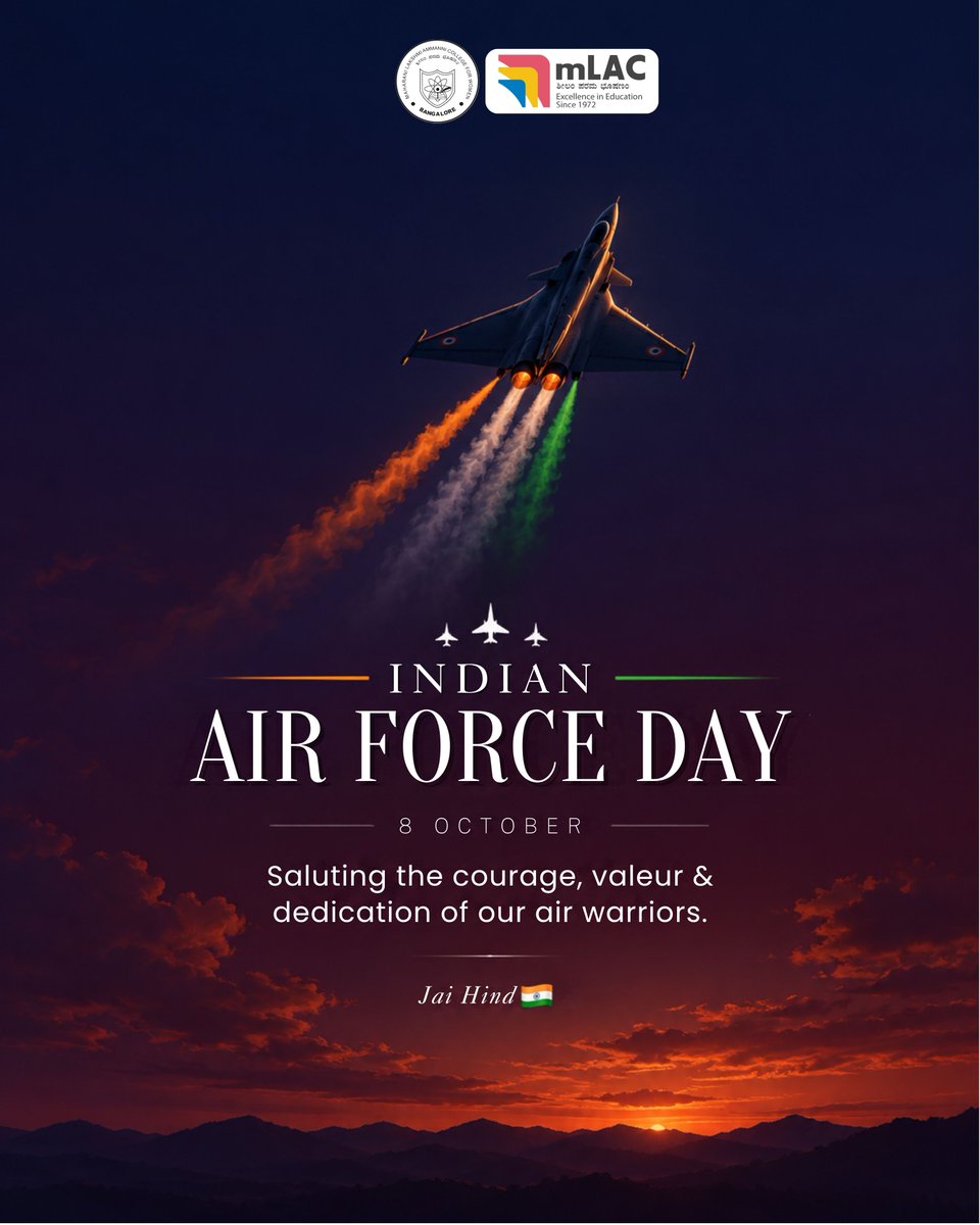 mLAC1972's tweet photo. Saluting the courage, valour and dedication of our air warriors. ✈️
mLAC wishes everyone a proud Indian Air Force Day! Jai Hind! 🇮🇳

#IndianAirForceDay #IAFDay #IndianAirForce #JaiHind #AirWarriors https://t.co/9SkLSlT0K6