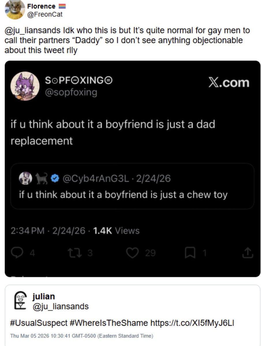 ChocMilkDrinker's tweet photo. literally the original tweet was about being in a relationship with your father!!! And this was so clearly not “calling your partner daddy is very common sexually”!!! Florence went to war over this person into incest as a kink and said person never even had anything happen!!! https://t.co/Grw1fmu7w4