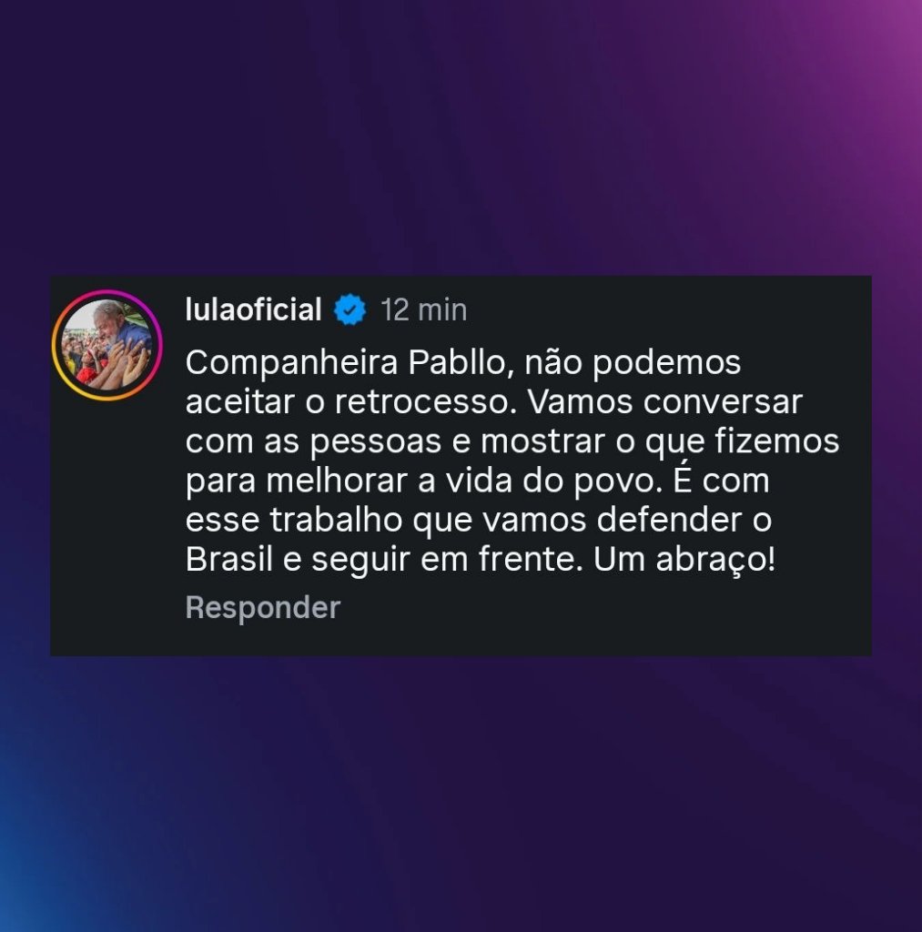 poponze's tweet photo. PAI! Presidente Lula responde vídeo de Pabllo Vittar fazendo apelo a quem não votou no 1º turno:

“Companheira Pabllo, não podemos aceitar o retrocesso. Vamos conversar com as pessoas e mostrar o que fizemos para melhorar a vida do povo. É com esse trabalho que vamos defender o Brasil e seguir em frente. Um abraço!”