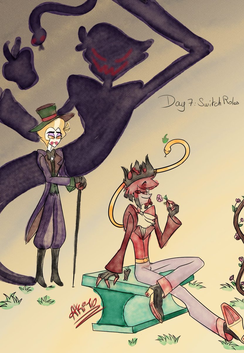 Akitobaskervill's tweet photo. I wanted to change the coloring for this one. I just found the idea of watercolor... gentle ^^ I'm not very good at it, I rarely use it! What do you think of Lulu as the master of shadows and Alastor as the king of hell? #bambilu #radioapple #appleradio #inktober https://t.co/eBKbFiQp0U