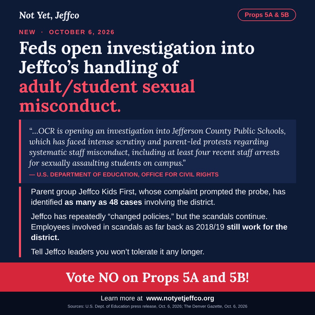 73Newport's tweet photo. Child Sexual Abuse in #Jeffco schools has to end. Send the Board and management a message with real teeth. Vote No on the MLOs. #copolitics #ArvadaCO #LakewoodCO #GoldenCO #EvergreenCO #EdgewaterCO #WheatRidgeCO @SengCenter #edcolo https://t.co/YjAPHUSgdm