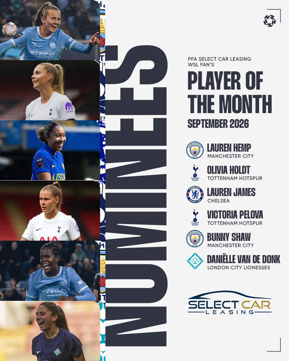 PFA's tweet photo. The nominees for September’s PFA Select Car Leasing WSL Fans’ Player of the Month 🏆

Vote here ➡️ https://t.co/1HXDA0Hd2p https://t.co/DOUboZCE1k