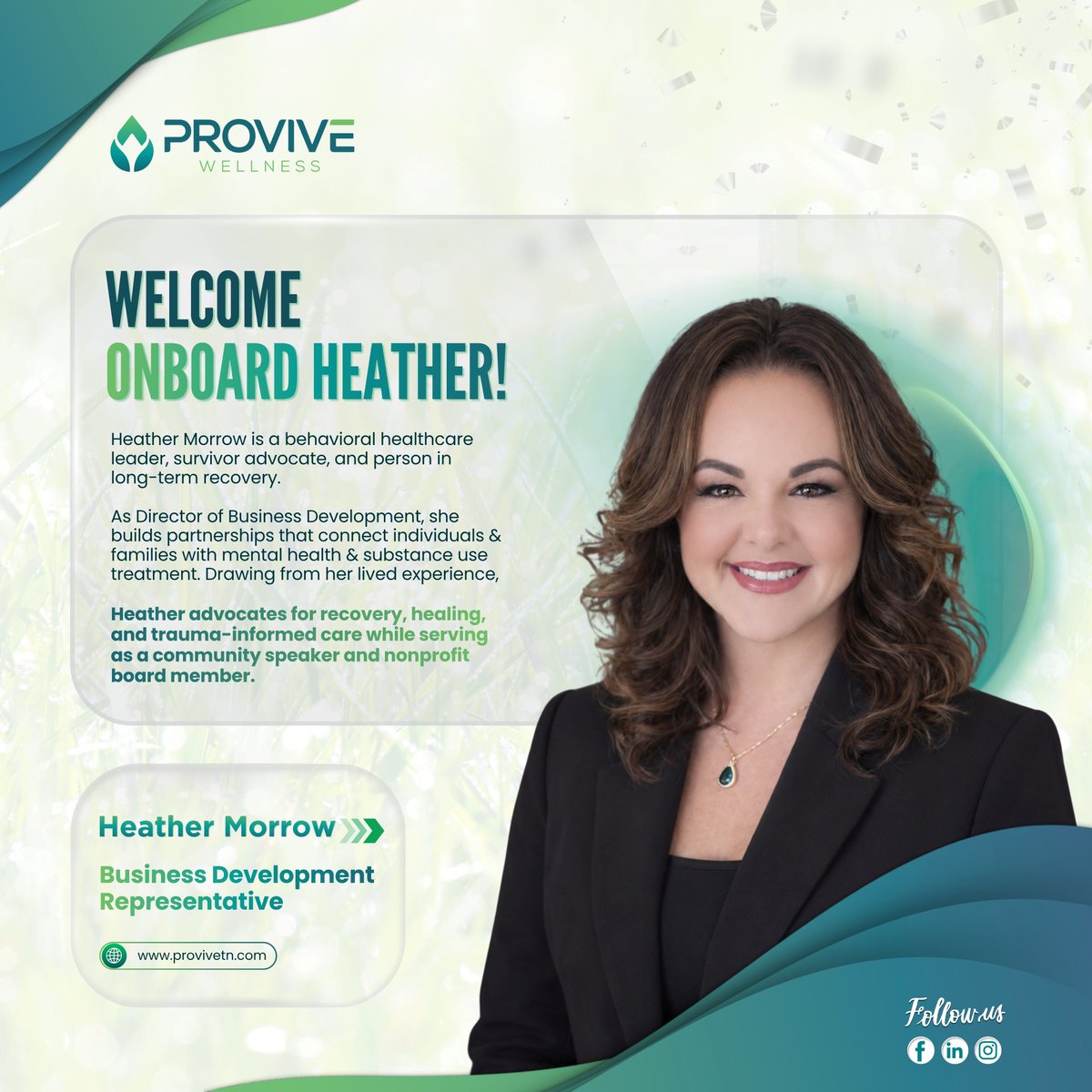 ProviveWellness's tweet photo. Welcome onboard, Heather Morrow! 🎉

A behavioral healthcare leader, survivor advocate, and person in long-term recovery, Heather joins our Business Development team to connect individuals and families with care. 💚

#ProviveWellness #RecoveryIsPossible #WelcomeAboard https://t.co/TD8NMVhnkG