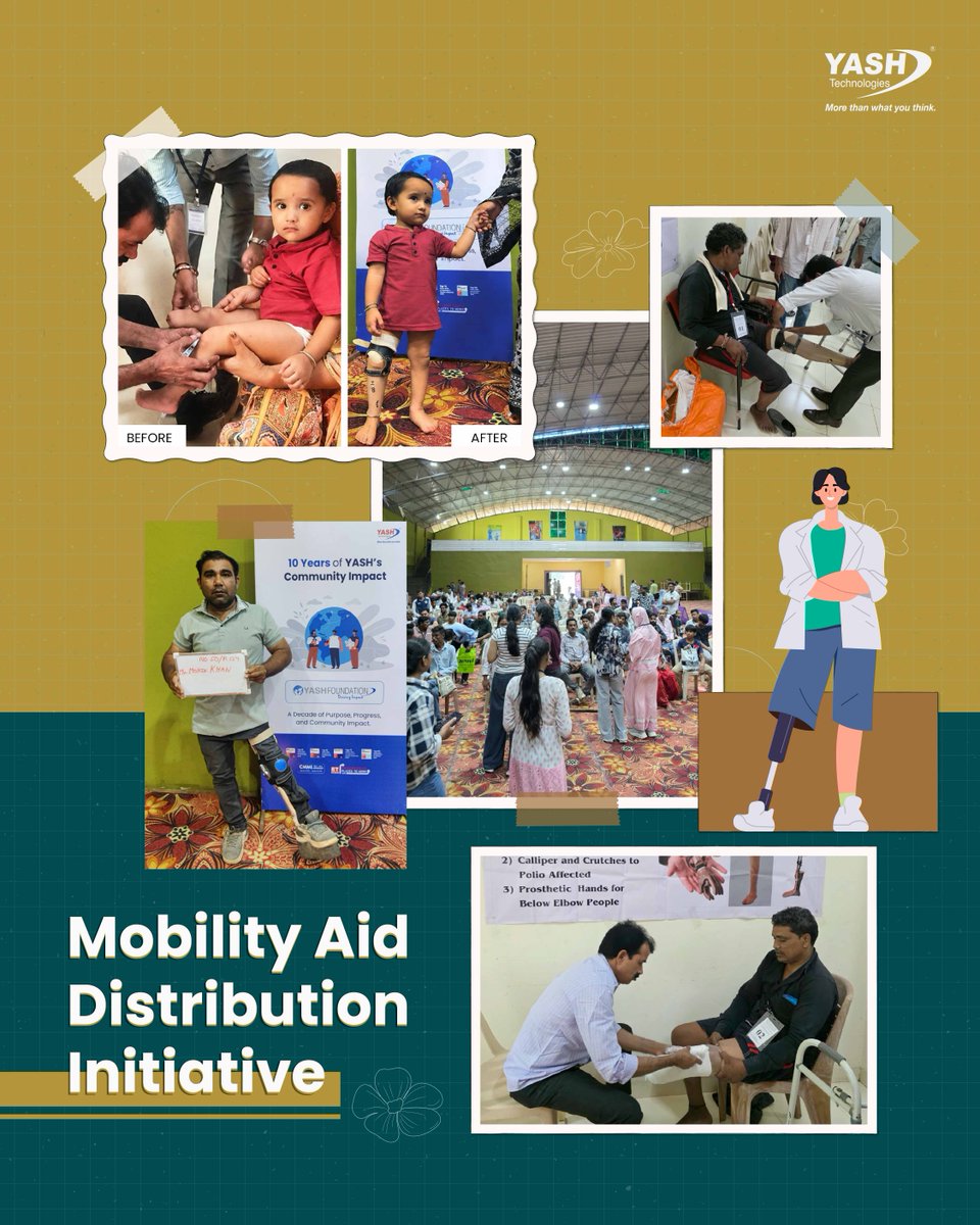 YASH_Tech's tweet photo. This initiative was about far more than mobility, it was about restoring confidence, independence, and opportunity.

On 27 September 2026, 𝐘𝐀𝐒𝐇 𝐅𝐨𝐮𝐧𝐝𝐚𝐭𝐢𝐨𝐧 𝐬𝐮𝐜𝐜𝐞𝐬𝐬𝐟𝐮𝐥𝐥𝐲 𝐜𝐨𝐧𝐝𝐮𝐜𝐭𝐞𝐝 𝐚 𝐌𝐨𝐛𝐢𝐥𝐢𝐭𝐲 𝐀𝐢𝐝 𝐃𝐢𝐬𝐭𝐫𝐢𝐛𝐮𝐭𝐢𝐨𝐧 𝐈𝐧𝐢𝐭𝐢𝐚𝐭𝐢𝐯𝐞 𝐢𝐧 𝐈𝐧𝐝𝐨𝐫𝐞, 𝐌𝐚𝐝𝐡𝐲𝐚 𝐏𝐫𝐚𝐝𝐞𝐬𝐡, 𝐞𝐦𝐩𝐨𝐰𝐞𝐫𝐢𝐧𝐠 𝟕𝟎 𝐩𝐞𝐫𝐬𝐨𝐧𝐬 with disabilities with customized assistive devices tailored to their individual needs. Following beneficiary mobilization, screening, assessments, and measurements on 16 August 2026, 70 devices were carefully fabricated and customized, including 40 Jaipur Foot prostheses, 20 calipers, and 10 crutches.

Each device was individually assessed, fitted, and accompanied by practical guidance to help beneficiaries adapt confidently to everyday life. By improving mobility, this initiative helps create pathways to education, employment, and greater community participation, enabling individuals to move from dependence to independence with dignity.

The impact was further strengthened by the enthusiastic participation of our YASH volunteers, whose dedication and compassion ensured meaningful support for every beneficiary throughout the event.

We extend our heartfelt gratitude to our Impact Partner, 𝐑𝐚𝐭𝐧𝐚 𝐍𝐢𝐝𝐡𝐢 𝐂𝐡𝐚𝐫𝐢𝐭𝐚𝐛𝐥𝐞 𝐓𝐫𝐮𝐬𝐭, and to all the volunteers who contributed to making this initiative a success. Together, we continue to build a more inclusive future where everyone has the opportunity to move forward with confidence and lead a life of dignity.

#YASHFoundation #CSRatYASH #MobilityForAll #EmployeeVolunteering #EmpoweringLives #InclusiveFuture #FromDependenceToIndependence