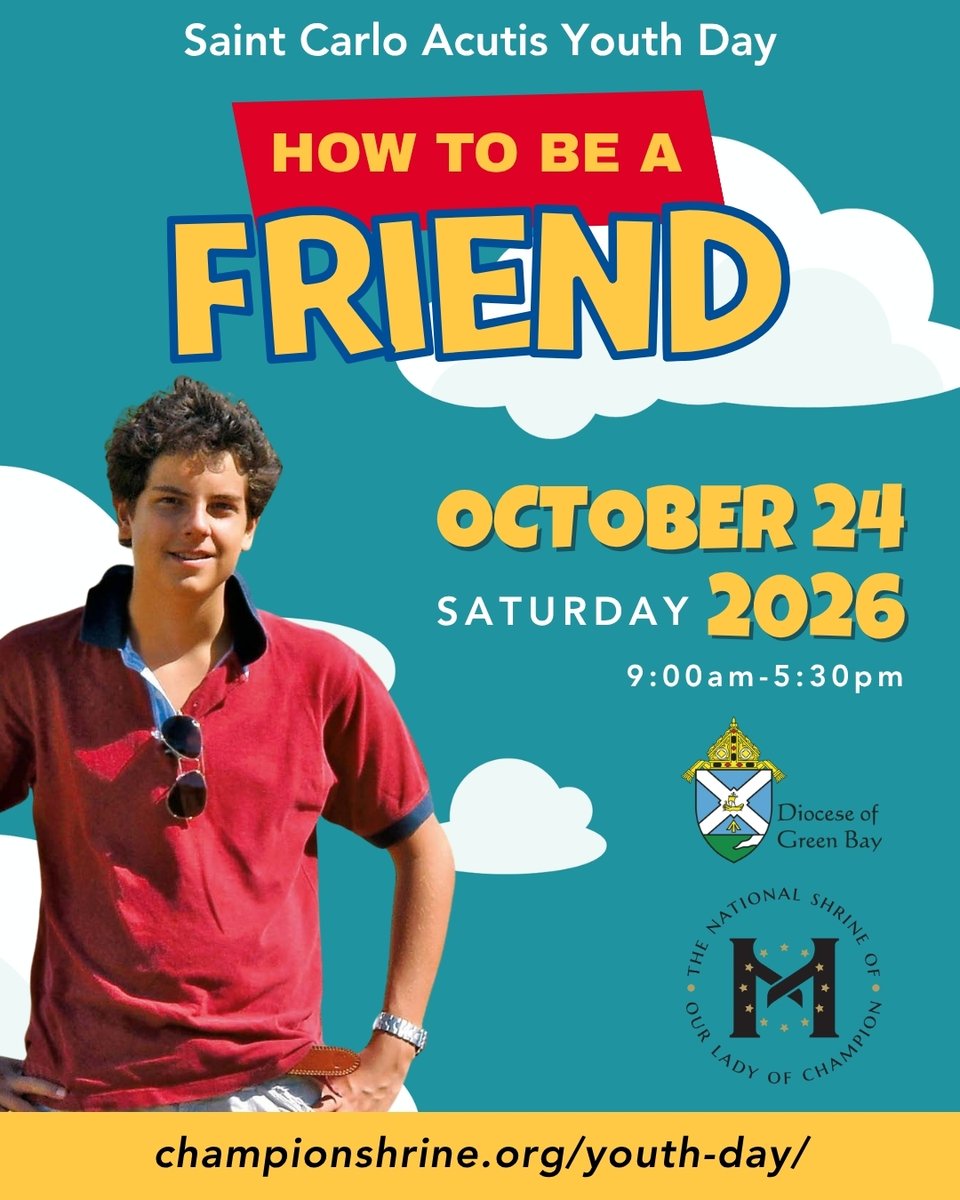 GreenBayDiocese's tweet photo. You got a friend in Jesus!

Join us for St. Carlo Acutis Youth Day at the National Shrine of Our Lady of Champion. 

➡️ Open to all High School Students
➡️ Guest Speaker Oscar Rivera 
➡️ Featured Artist Franki Moscato 
➡️ Registration closes October 10th 

Check out the link in the comments to learn more and register.