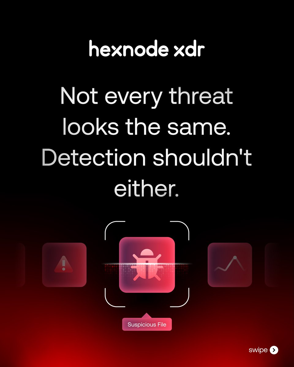 thehexnode's tweet photo. Known threat. Suspicious file. Behavior that just doesn’t belong.

Threats don’t always give you the same clues. Hexnode XDR is expanding how teams detect them — with deeper threat intelligence, sandbox analysis, anomaly detection and better incident visibility.

See what deeper threat detection looks like with Hexnode XDR → https://t.co/b7sfqbqSvL