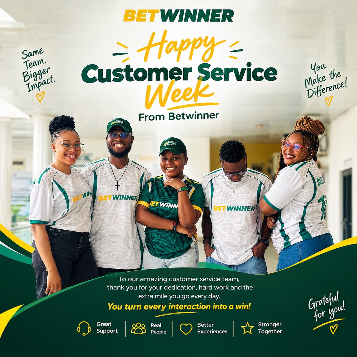 BetwinnerNg's tweet photo. Your trust drives everything we do. This Customer Service Week, a huge shoutout to our valued customers and the passionate support team always ready in your corner. Proud to have you in the BetWinner family! 🤝💚 https://t.co/DF3NIsTaOy