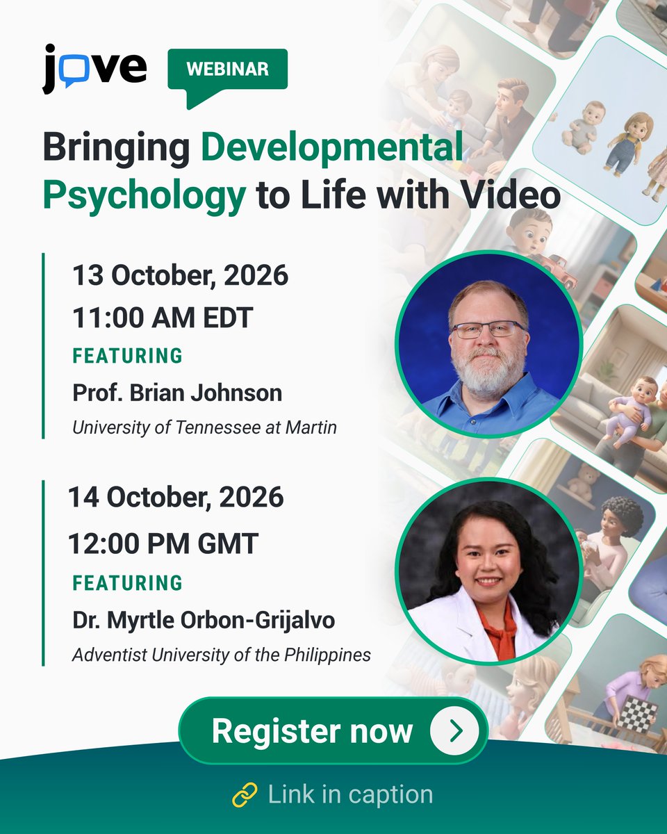 JoVEJournal's tweet photo. Join speakers from @utmartin and Adventist Uni of the Philippines to explore JoVE Core: Developmental Psychology, featuring 50 expert-made animated videos. Register to learn practical ways to teach complex concepts and add videos &amp; quizzes to your LMS: https://t.co/J6Jt2ym4Os https://t.co/aAb2C5V4qt