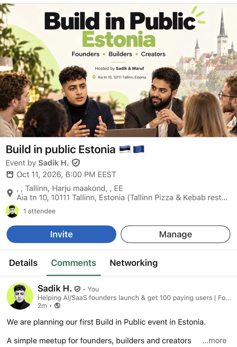 SadikHosn's tweet photo. We are planning our first Build in Public event in Estonia.

A simple meetup for founders, builders and creators who want to share what they are working on, get feedback and meet other people who are building too.

Agenda:

Quick introductions

What everyone is building

Founder stories and lessons

Live product feedback

Marketing and getting first users

Open Q&A

Networking

Location: Aia tn 10, 10111 Tallinn, Estonia
Tallinn Pizza & Kebab restaurant

No polished presentations.

Just real people, real projects and real conversations.

If you are building something in Estonia, come join us. 🚀

#estonia #buildinpublicestonia #startupestonia