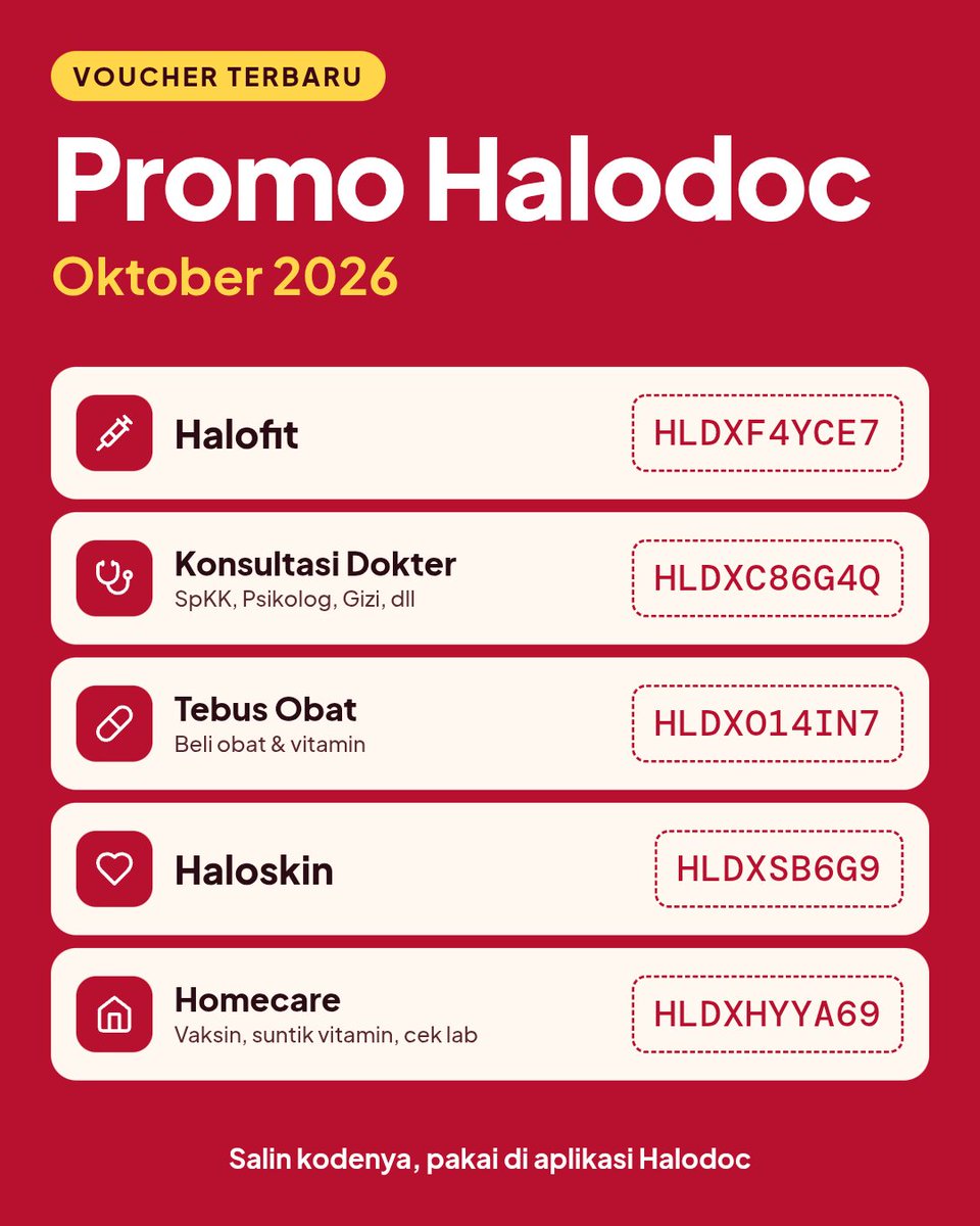 halodocformen's tweet photo. GUYS OKTOBERR.. Voucher TERBARU Promo Halodoc OKTOBER 2026 👍#VoucherHalodocSeptember2026 #KuponHalodocHariIni2026 #kodepromohalodoc #diskonhalodochariini #kodehalodochariini2026 #fyp #halodoc #sehat #doctor #trending https://t.co/VrpozVJrck