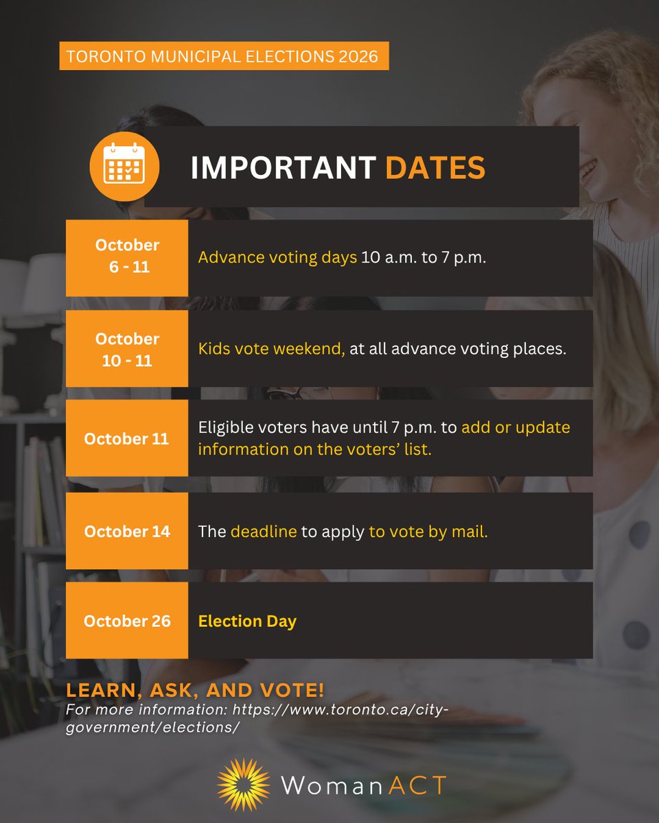 WomanACT's tweet photo. 🗓️ Mark your calendar!

Knowing the key election dates can help you plan ahead and make sure you have time to vote.

📅 October 6–11— Advance voting, 10 a.m.–7 p.m.
📅 October 26 — Election Day

Save this post and share it with someone who might find it helpful! https://t.co/iAHgxU3RvK