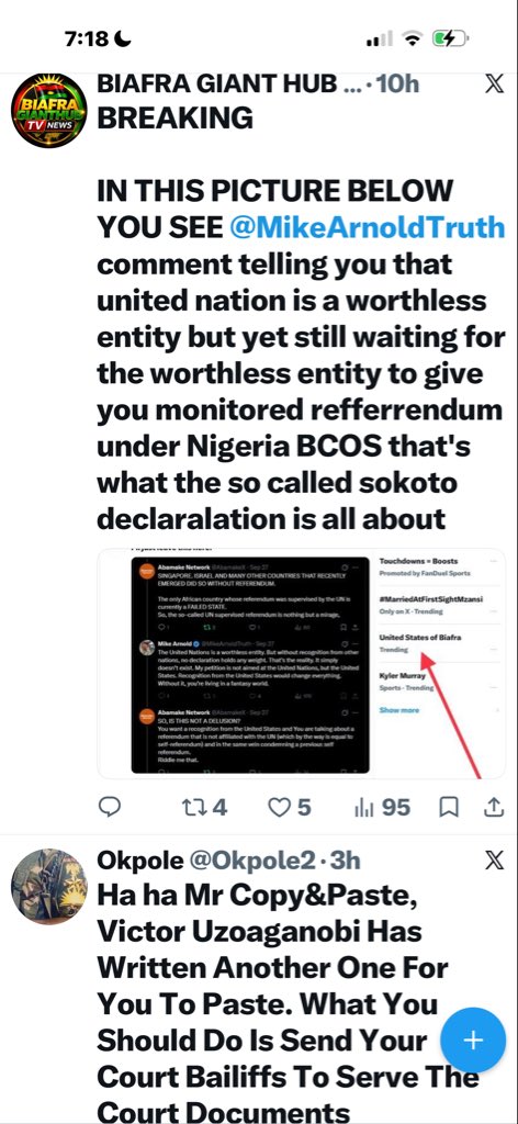 ngoziora's tweet photo. Breaking:

Grok confirmed that Sokoto Declaration is a political manifesto by  an individual - Mike Arnold etc. (read)

Claimed Onyendu is aware  - lie: MNK is in detention  and DID NOT APPROVE IT 

They claimed Ejimakor authenticated  it - Ejimakor has long been fired by MNK, that’s why MNK is defending himself in Nigeria court

IPOB organization NOT People claimed MNK is involved - lie MNK aware, Not involved and DID NOT Approve Sokoto Declaration

Individual political manifesto, Plan, suggestion CAN NEVER Trump the Lahti Self Determination, self referendum, Declaration of November 29, 2024 of Biafrans. 

FACTS:

Onyendu MNK is aware and APPROVES USB Declared  and has communicated same to Dr. Orabueze - FACT

PM is aware and APPROVES USB Declared - FACT

Dr. Orabueze and 80 million Biafrans have conducted Self Referendum and Redeclared  Biafra with the name and title of the United States of Biafra in Lahti November 29, 2024 - FACT (watch video)

Dr. Orabueze says No other Referendum will be allowed or conducted in the whole Biafra territory  by any Bureaucrat or neighboring Nigeria state - FACT

Neighboring Nigeria state is currently, illegally and forcefully occupying the Sovereign Christian Nation of the United States of Biafra and should  leave peacefully 

Nothing Nigeria is allowed in the 40 States of Biafra at this time.

DPM

@StateDept @realDonaldTrump @WalidPhares @jihadwatchRS @MobilePunch @AloyEjimakor @alexstubb @Huuhkajat @yleuutiset @batten_von @UN_HRC @UNHumanRights @SaharaReporters @amnesty @AmnestyNigeria @amnestyusa @USArmy @IDF @MikeCollinsGA @RickJacksonGA @netanyahu @FoxNews @washingtonpost @IHRF_English @EU_Commission @humanrights @JDVance @SusieWiles47 @SenTedCruz