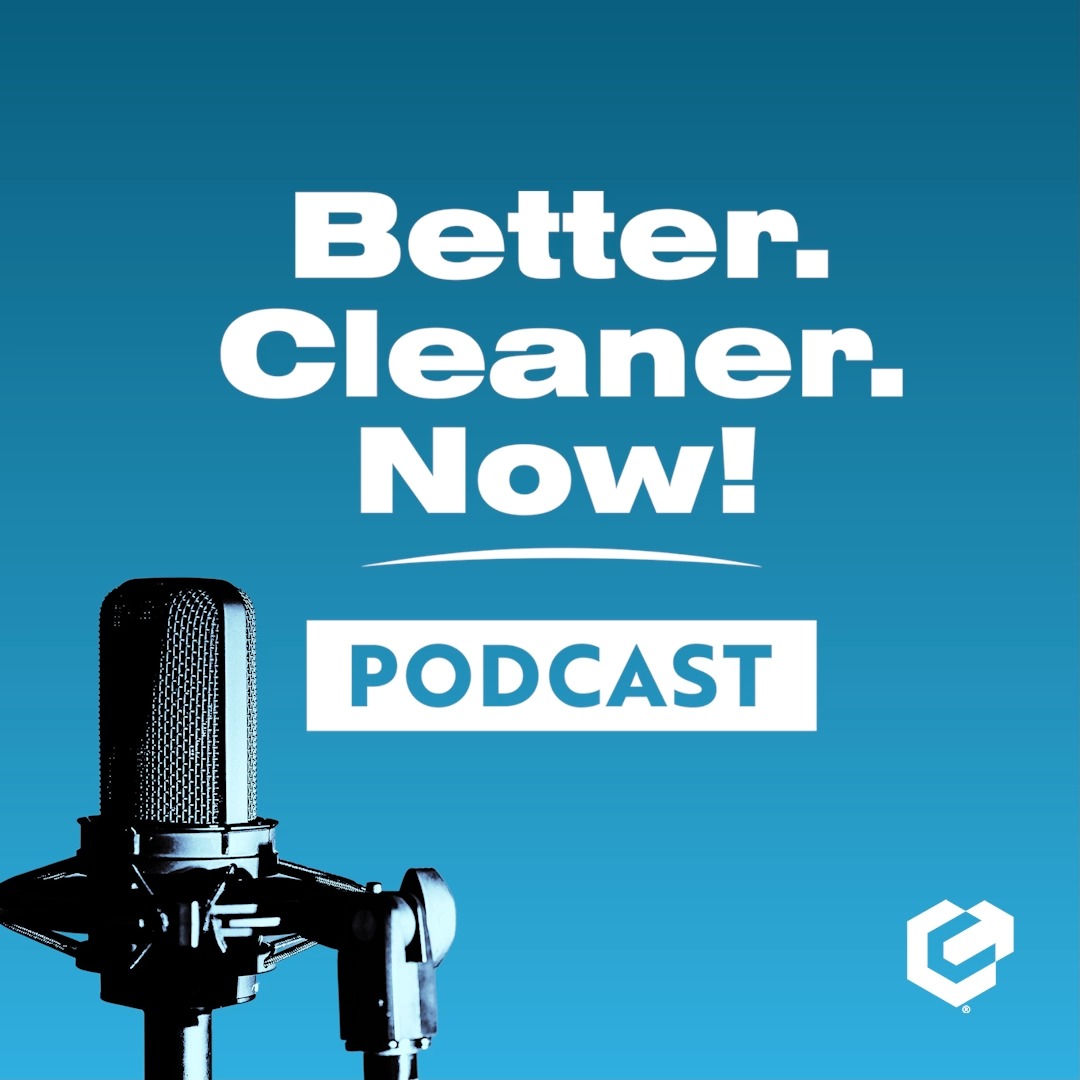 A podcast cover with a blue background, a large microphone on the left, and bold white text reading 'Better. Cleaner. Now!' above a 'PODCAST' label and a 'C' logo.