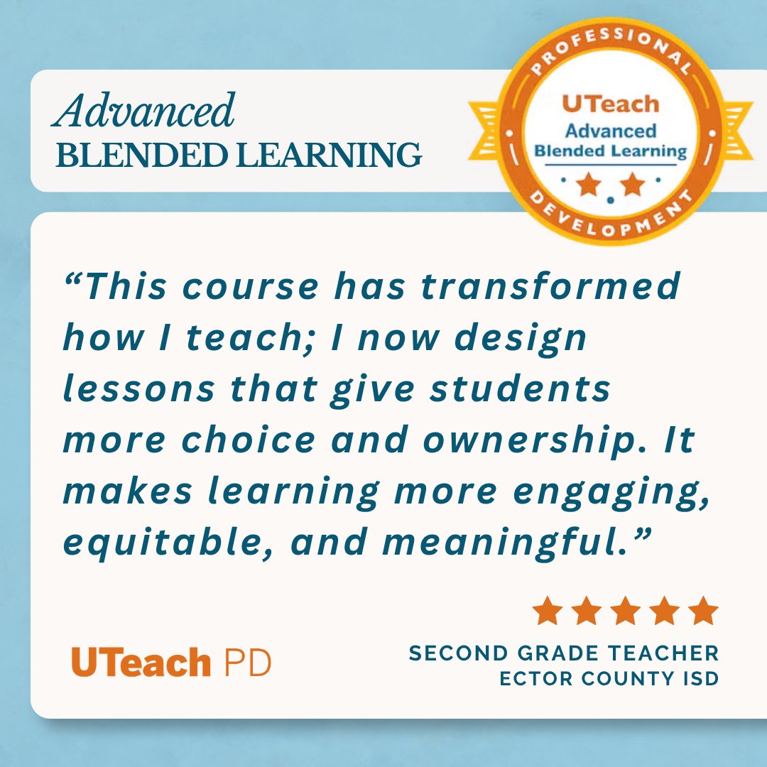 UTeachPD's tweet photo. “This course has transformed how I teach; I now design lessons that give students more choice and ownership. It makes learning more engaging, equitable, and meaningful.”
–Second grade teacher, Ector County ISD

🌟Learn more about this course and others at https://t.co/HnRh1cHchV https://t.co/ANjl5riKga