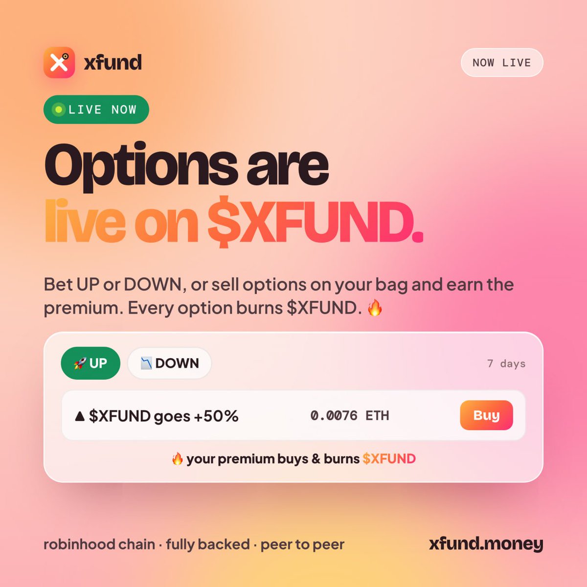 XFUNDMONEY's tweet photo. Options are live on $XFUND.
Bet up or down. every option burns $XFUND.

https://t.co/wbCmrM3ewx https://t.co/3NoIf8IG5b