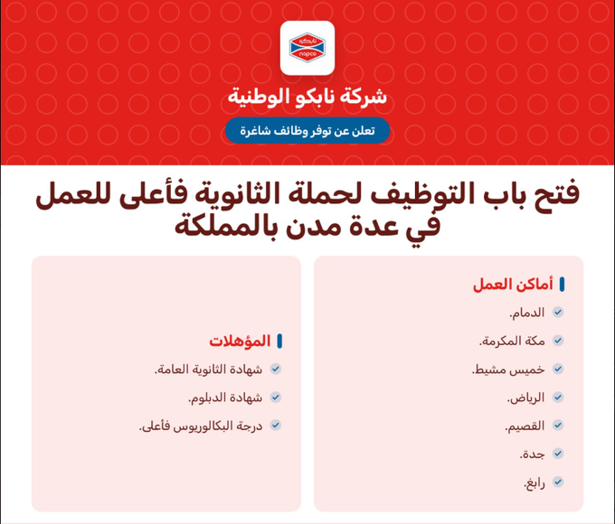 SarahSaud_SA's tweet photo. 🔴 | شركة نابكو الوطنية تعلن فتح باب #التوظيف (رجال / نساء) بعدة تخصصات منوعة في المدن الآتية:

📍الرياض.
📍جدة.
📍الدمام.
📍مكة المكرمة.
📍خميس مشيط.
📍القصيم.
📍رابغ.  

للتقديم ارسل السيرة على الواتساب

https://t.co/FYl9H8uQtY https://t.co/wKZ92ciZcx