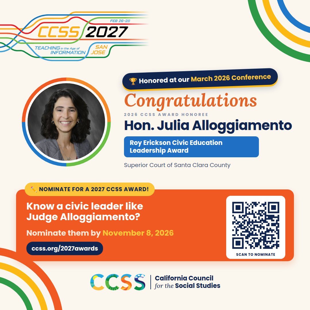 CAsocialstudies's tweet photo. 🏆 Honored in March at #CCSS2026: Judge Julia Alloggiamento (Santa Clara County Superior Court), winner of the 2026 Roy Erickson Civic Education Leadership Award!

Know a civic education champion? 📣 Nominate them by Nov. 8: https://t.co/9GaEHA735c

#CCSSAwards #SocialStudies https://t.co/XvoizHoBRF