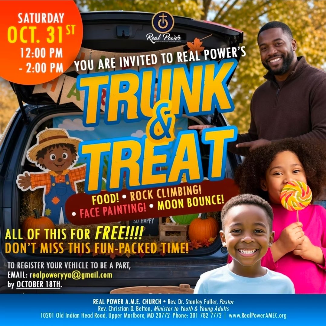 RealPowerAME's tweet photo. Get ready to fall into the fun! Join us for our Trunk and Treat - Saturday, October 31, 12:00 pm - 2:00 pm. Come out for rock climbing, face painting, games, food, fun, and of course treats! Email realpoweryya@gmail.com for questions and more info. #TrunkAndTreat #RealPower https://t.co/Hjn4xmKE7V