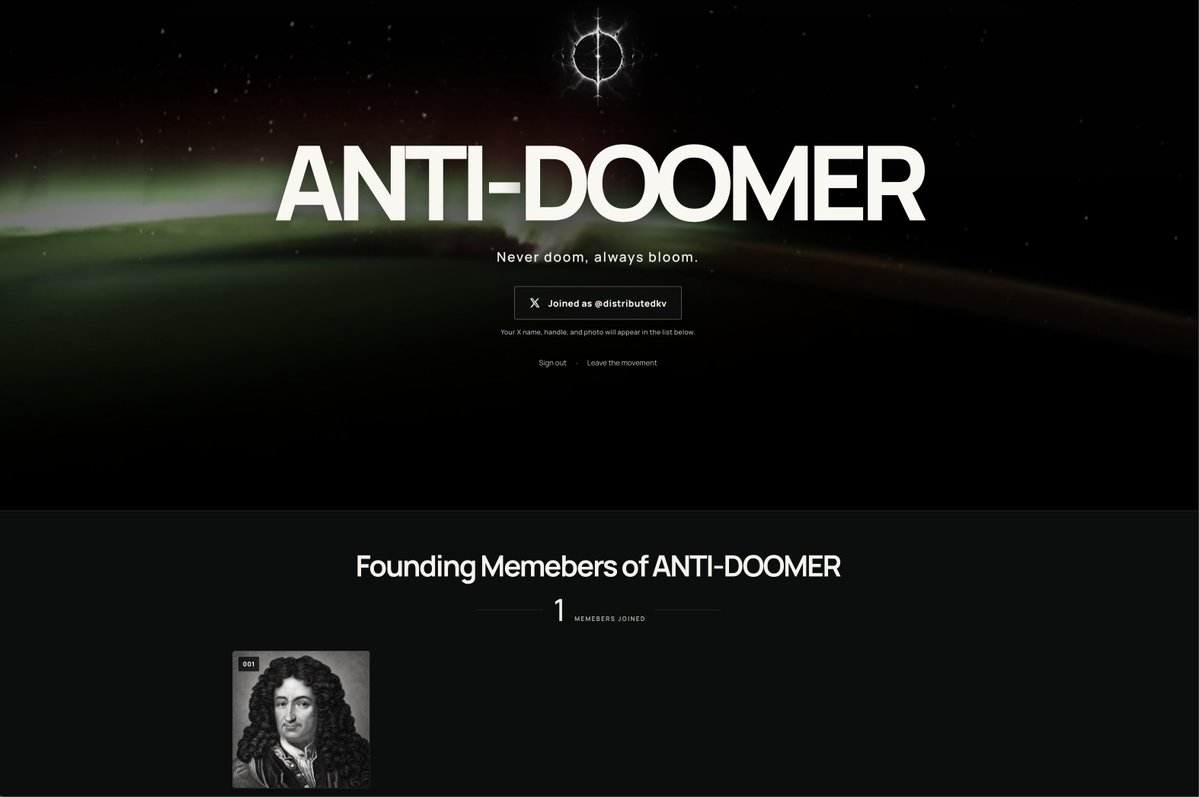 distributedkv's tweet photo. the ANTI-DOOMER non-movement is now official.

please sign in with your X account to join as the founding memeber. 

this is the only way for us to verify the memebers. we don't ask for any private data besides pfp and user handle.

https://t.co/PBearXWw0C https://t.co/OXbivROhol
