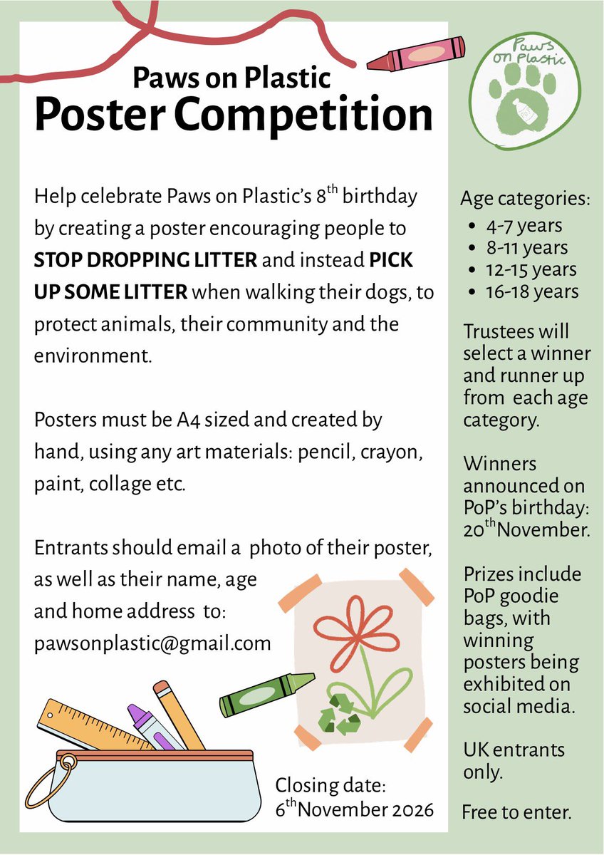 pawsonplastic's tweet photo. A great Eco Poster competition for schools with an anti #litter message to protect animals, communities &amp; the #environment. So many animals are injured by litter - our message is that if you really love animals you don’t drop litter and pick up some when you can. Please share. https://t.co/3OiyNNKv5P