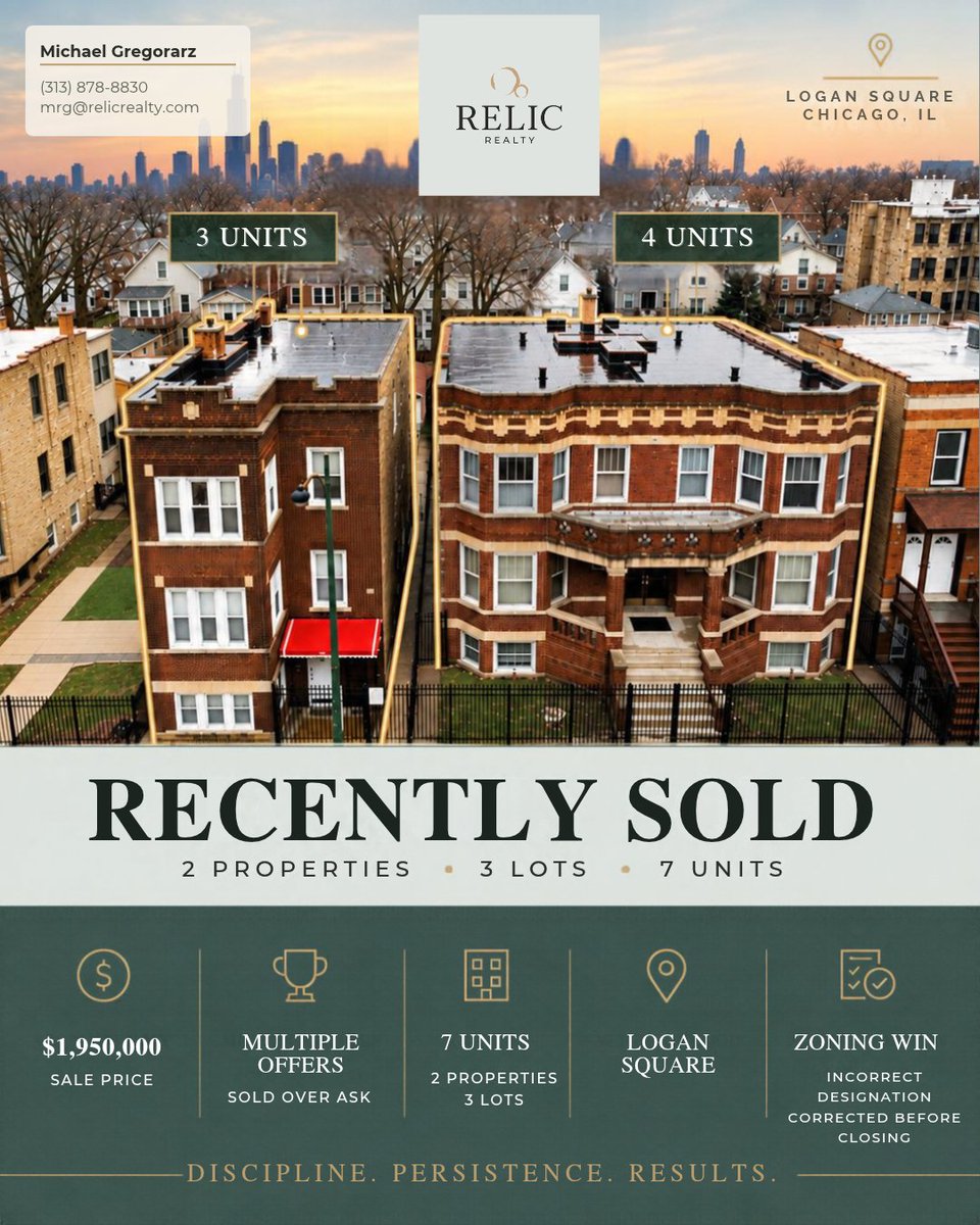 Gregorarz's tweet photo. Recently sold in Logan Square: 2 properties, 3 lots, 7 units — $1.95M. Multiple offers, sold over asking, and a zoning challenge successfully resolved before closing.

#ChicagoRealEstate #LoganSquare #RealEstateInvesting https://t.co/WHI4Kzs1MA