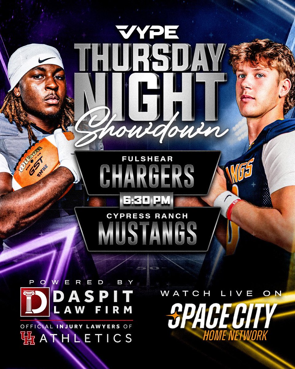 vypehouston's tweet photo. The VYPE Thursday Night Showdown powered by Daspit Law Firm returns tomorrow on the @SpaceCityHN main channel as we have a great week seven matchup between the Fulshear Chargers and the Cypress Ranch Mustangs! #TXHSFB #Daspit https://t.co/qsq81l40WD