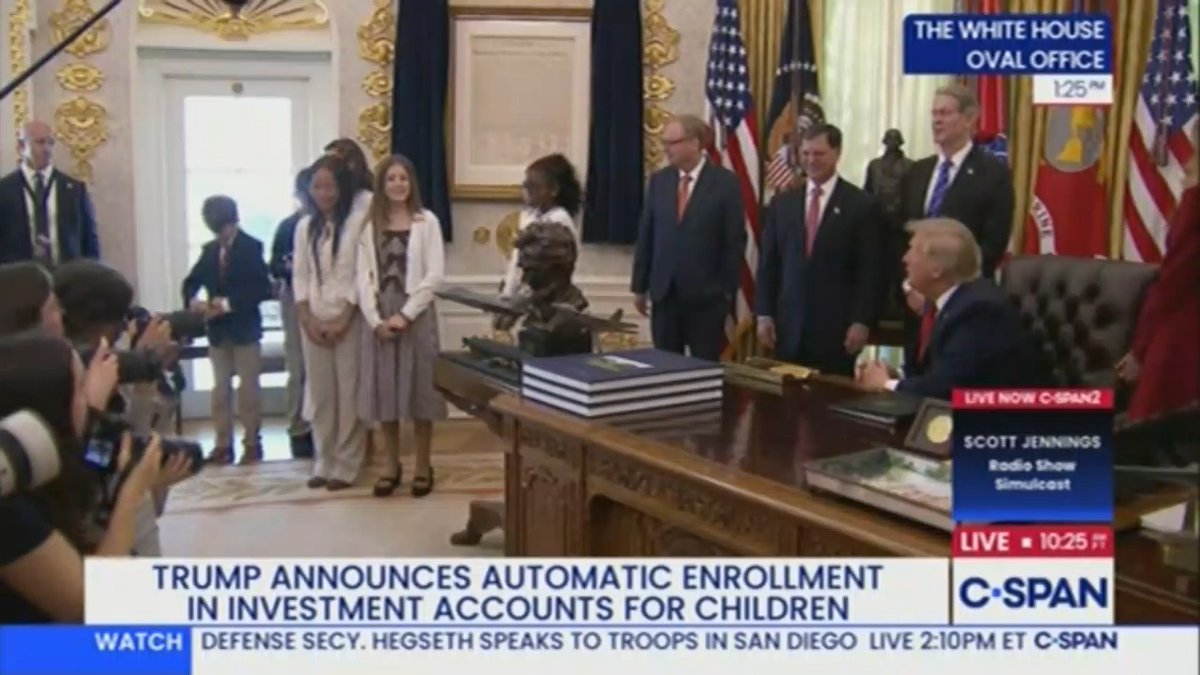 A C-SPAN broadcast from the White House Oval Office showing President Trump at his desk with a caption 'TRUMP ANNOUNCES AUTOMATIC ENROLLMENT IN INVESTMENT ACCOUNTS FOR CHILDREN'.