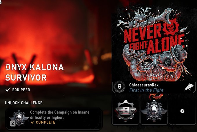 A Gears of War game screen showing the 'Onyx Kalona Survivor' skin equipped, with a challenge to 'Complete the Campaign on Insane difficulty or higher' marked as complete, and a player card for 'ChloesaurasRex'.