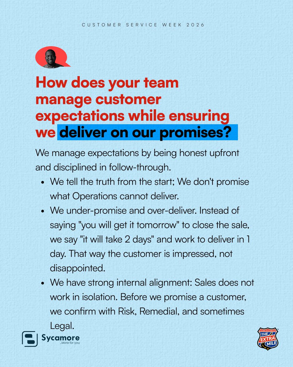 SycamoreNG's tweet photo. Anthony from the Sales Team shares how Sales plays a key role in shaping the customer experience from the very first interaction, creating the right first impression, understanding customer needs, setting clear expectations, and building a strong foundation for trust and lasting relationships💚✨

#csw2026
#Sycamoreforyou