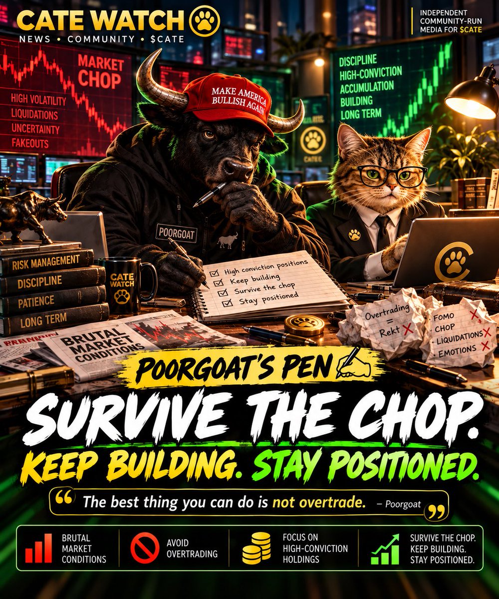 Catewatch's tweet photo. SURVIVE THE CHOP. KEEP BUILDING. STAY POSITIONED. 🐈📈

@PoorGoat_’s message to the community is simple: when the market gets brutal, don’t force trades.

He says recent conditions have been extremely difficult to trade consistently, and his approach is to avoid overtrading, focus on high-conviction holdings and keep building while waiting for clearer conditions.

“The best thing you can do is not overtrade.”

Red screens don’t last forever. The goal is to still be standing when the green returns. 🟢

Source: Poorgoat’s Pen

Follow @catewatch for more $CATE news, community updates and market coverage.