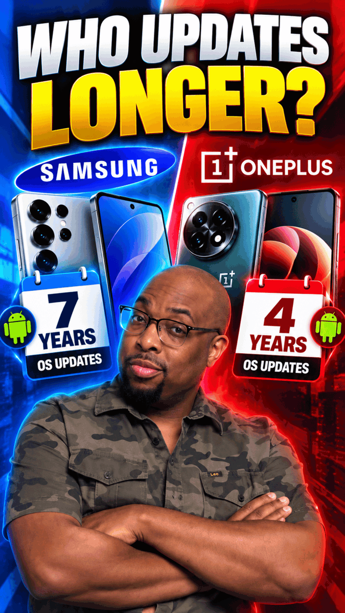 A YouTube thumbnail comparing Samsung and OnePlus OS update support, featuring a man in a camouflage shirt with crossed arms; Samsung is shown to provide 7 years of OS updates while OnePlus offers 4 years, with the text 'WHO UPDATES LONGER?' prominently displayed.