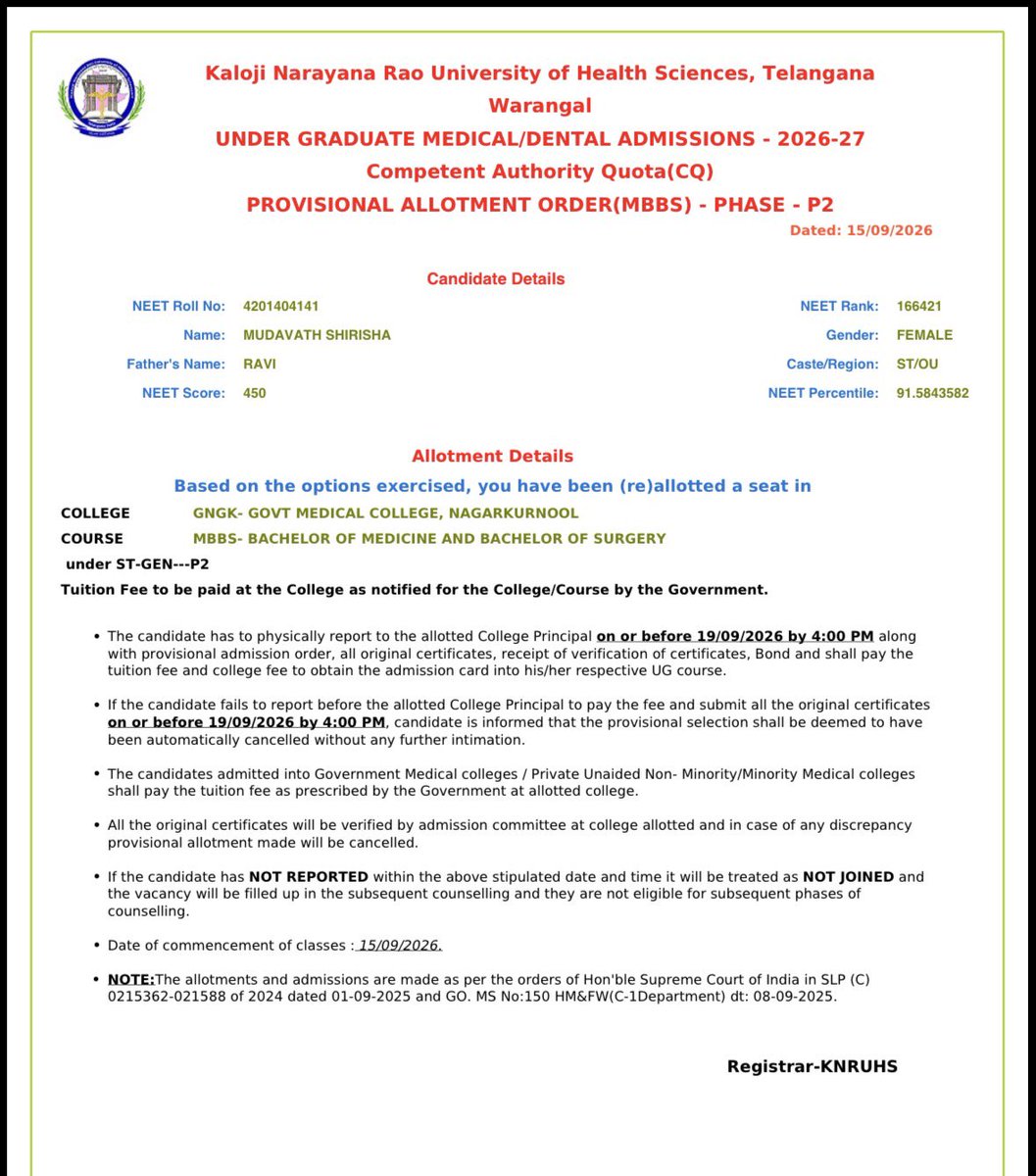 LaxmanNenavat16's tweet photo. Dear @KTRBRS sir
A poor tribal girl from Nalgonda, Mudavath Shirisha who studied in govt schools - beat all odds to win an MBBS seat at GMC Nagarkurnool!
Poverty shouldn't stop her dream. Needs help for tuition fee & hostel fee, Please bless her future anna! 🙏 #KTR #BRS https://t.co/p9IMc88Xt6