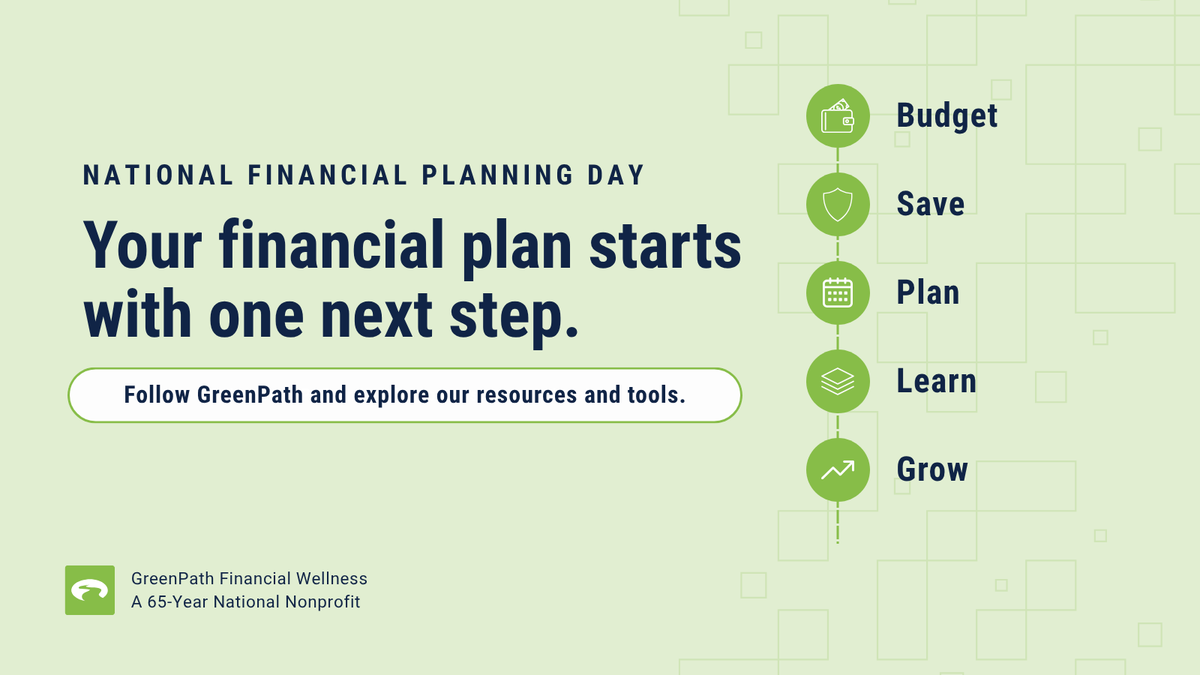 GreenPath's tweet photo. It's National Financial Planning Day.

Financial wellness doesn't require a perfect plan. It starts with one next step.

Review a goal. Check your savings. Revisit your budget. Learn something new.

What's one financial goal you're focusing on right now? https://t.co/iIZEDrK1Ko