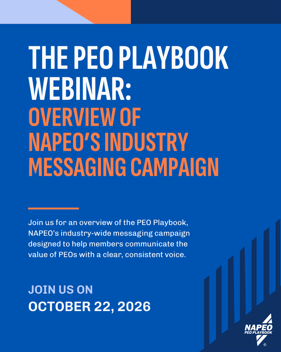 NAPEO's tweet photo. One industry. One voice. Join us Oct. 22 for a webinar on NAPEO's brand new messaging campaign and get the tools you need to tell the PEO story clearly and consistently. Register here: https://t.co/Bgrz2tl8dY #PEO #NAPEO #PEOPlaybook https://t.co/KD9mcaUddP