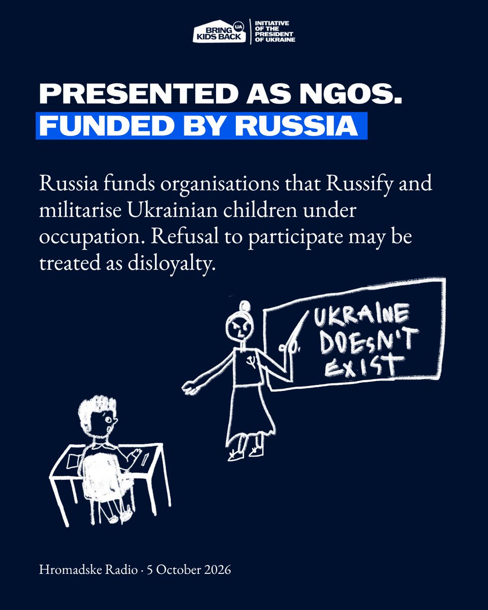 BringKidsBackUA's tweet photo. Russia is imposing militarised education on Ukrainian children who remain under occupation.

Oleksandra Dvoretska, Head of Policy at Bring Kids Back UA, explained to @HromRadio_eng how Russian state-funded organisations presented as NGOs help sustain this system.

Countering Russification, indoctrination and militarisation is a cross-cutting priority of the International Coalition for the Return of Ukrainian Children’s 2026-2027 agenda, finalised in Toronto.

At Pathways to Peace, co-hosted by Ukraine, Canada and Norway, 54 states and international organisations endorsed the Joint Communiqué, including the Toronto Pledge.

The response must combine protection for children under Russian control, stronger tracing, expanded safe return pathways and lasting support after they come home.

Targeted sanctions must work alongside criminal investigations and efforts to hold those responsible accountable.

We must sustain this international effort so that Ukrainian children can return home, preserve their identity and rebuild their lives in safety.

#BringKidsBack