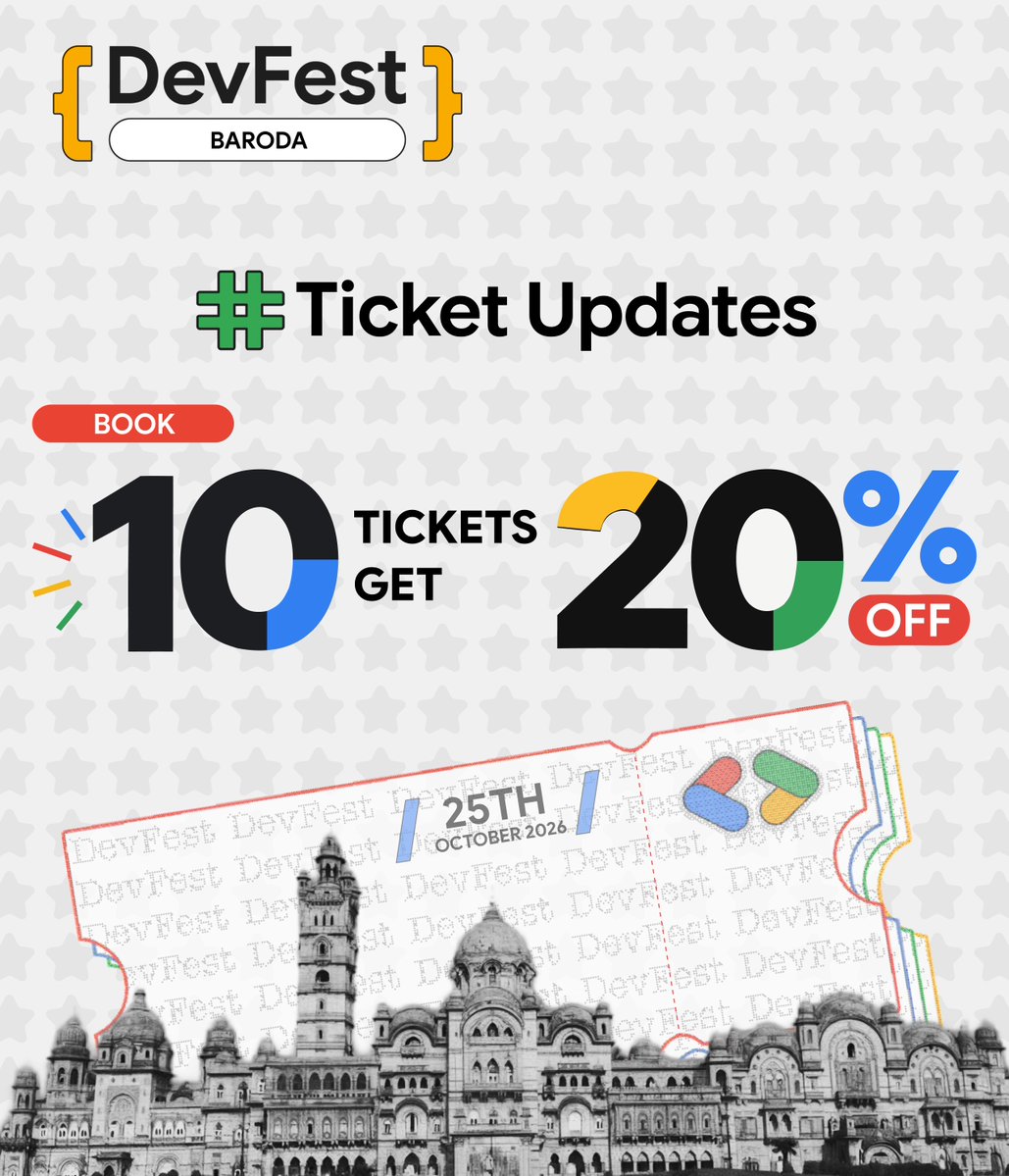 GDGBaroda's tweet photo. 🎟️ Bring your crew to DevFest Baroda! 
5 tickets = 10% OFF
10 = 20% OFF
20 = 25% OFF 
🚀 Book: https://t.co/RW9uBBhNza

@GDGIndia  #GDGBaroda #DevFest2026 #GDGIndia #gdgindia #GoogleDeveloperGroups https://t.co/5RbwXtv8UG