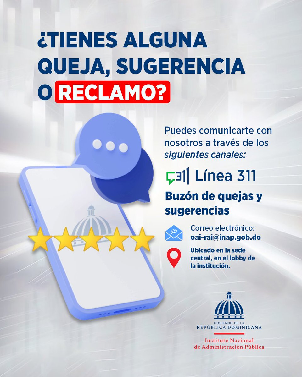 InapRD's tweet photo. 📢 ¡Tu opinión nos ayuda a mejorar!
En el #INAP creemos en la mejora continua y en la importancia de escucharte. 💬
Si tienes una queja, sugerencia o reclamo, ponemos a tu disposición nuestros canales de atención:
📧 oai-rai@inap.gob.do
📞 Sistema 311
¡Queremos escucharte! https://t.co/PeBdtMbzI2